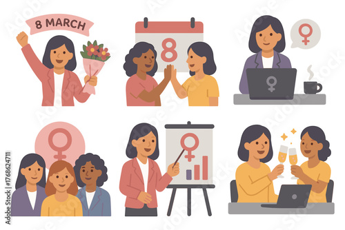 Diverse group of women celebrating international women's day with various activities, including holding flowers, working, and enjoying a toast.