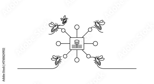 Minimalist line art illustration depicting mosquitoes attacking a central database, symbolizing data security breaches, network vulnerabilities, and system bugs.