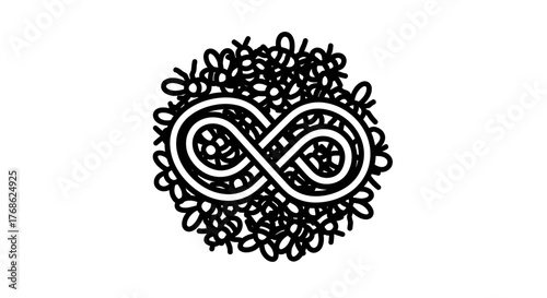 Abstract infinity symbol made of scribbled lines on a white background, representing eternity, endlessness, and loop