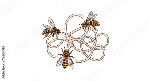 Three bees entangled in a complex knot of light brown threads, representing confusion or a difficult situation