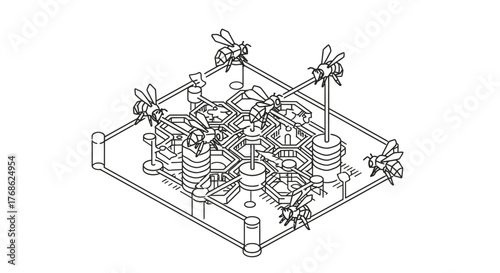 Conceptual isometric illustration of bees interacting with a futuristic hexagonal grid, symbolizing interconnected technology, data networks, or a smart hive system.