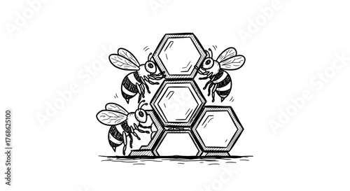 Engaging hand-drawn illustration of three honey bees actively tending to a cluster of hexagonal honeycomb cells, symbolizing nature's work.
