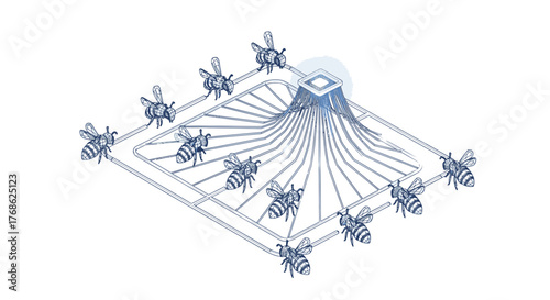 Conceptual illustration of bees working together in a hive-like structure, symbolizing teamwork and efficiency in a digital network.