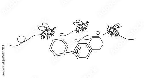 Minimalist single line drawing of three bees flying around a honeycomb structure, representing nature and sweetness.