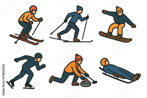 Six outlined illustrations of winter sports athletes in action, including skiing, snowboarding, ice skating, curling, and sledding.