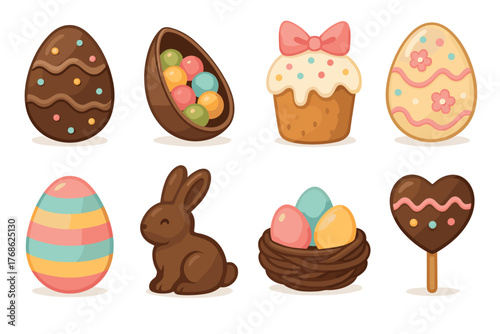 Various colorful easter-themed treats including decorated eggs, a chocolate bunny, a candy-filled egg, a cupcake with a bow, and a heart-shaped lollipop.