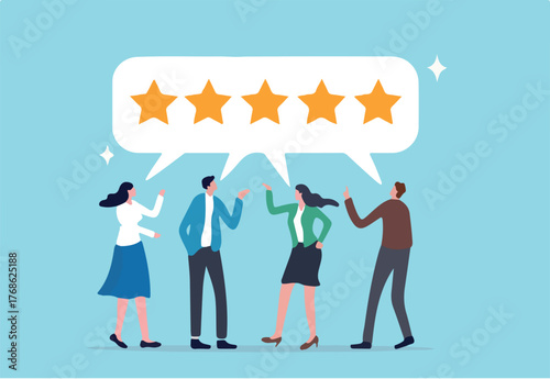 Customer loyalty, consumer satisfaction giving 5 stars rating feedback, best user experience or trust to use service again concept, various customer people giving 5 stars review for quality service