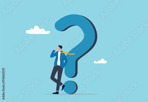 Question or problem solving, think about answer or solution, contemplation, doubt or concentration, FAQ frequently asked questions, doubtful businessman thinking about answer with big question mark