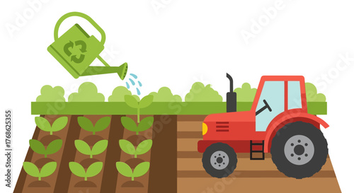 Tractor watering plants in the field for agriculture.
