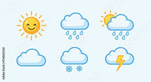 Weather Icons Depicting Sunny, Rainy, Snowy, and Stormy Conditions.