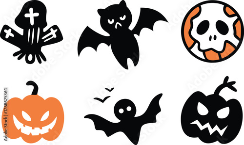 Spooky Halloween Icons: Bats, Pumpkins, Skull, and Ghost