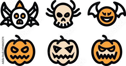 Spooky Halloween Icons: Bats, Skulls, and Jack-o'-Lanterns
