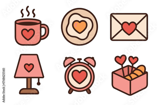 Collection of six heart-themed objects including a mug, plate, envelope, lamp, clock, and gift box with simple pink and brown designs.