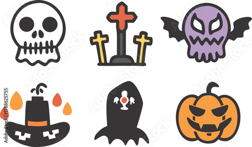 Spooky Halloween Icons: Skull, Pumpkin, Ghost, Tombstones, and Witch Hat