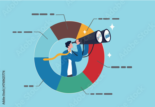 Marketing strategy, data analysis chart and graph, financial forecast or stock market diagram, research data or investment planning concept, businessman on pie chart looking thorough binoculars.