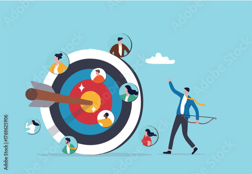 Go to Page
|Prev1234Next
Target audience for advertising, HR finding candidate for job vacancy, finding customer or client, people focus group research concept, businessman shooting bow on people targ