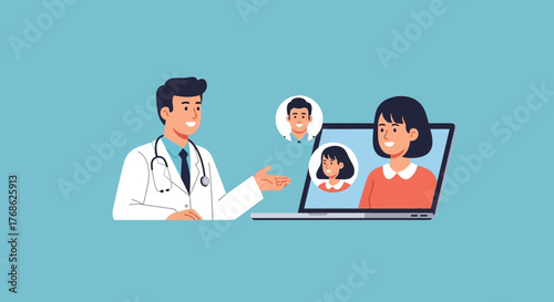 Doctor consulting with patients online using telehealth technology and video conferencing for modern healthcare solutions and remote medical advice access