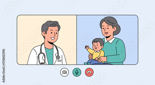Caring doctor consults with child and parent online, offering modern telemedicine and compassionate healthcare through virtual appointment technology