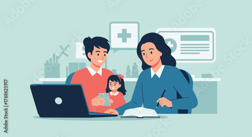 Happy family consults healthcare professional at home, blending modern technology with traditional care for a connected and supportive virtual appointment