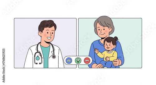 Caring doctor provides telemedicine consultation to little girl with grandma, offering virtual healthcare and pediatric advice with modern technology and compassion