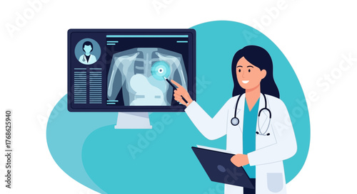 Caring doctor analyzing x-ray on monitor, offering expert medical advice and consultation for patient well-being and modern healthcare solutions, originally scalable vector