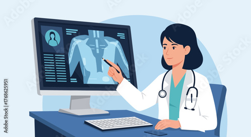 Dedicated female doctor reviewing patient X-ray on computer screen, providing expert medical consultation in a modern office setting, radiology expertise