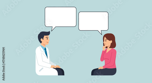 Doctor consulting with thoughtful patient, sharing medical advice during healthcare visit, promoting wellness and treatment options with speech bubbles