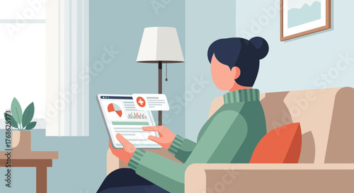 Woman viewing health data on tablet at home, telehealth appointments, virtual care access, remote patient monitoring, healthcare technology adoption and wellness
