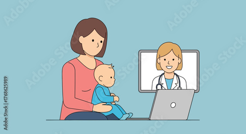 Mother and baby consult doctor online through video call on laptop for wellness checkup, receiving expert pediatric advice in a virtual appointment