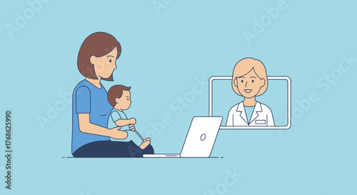 Modern mom connects with doctor online with baby for convenient telehealth consultation, enjoying easy remote healthcare from home, accessing virtual medicine
