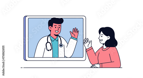 Friendly doctor offering telehealth consultation with waving gesture to patient, modern healthcare innovation for accessible medicine and virtual doctor visits