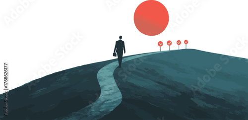 A businessman walking on a path towards the sun to achieve his goal