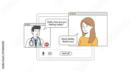 Doctor virtually consulting with happy patient, providing telehealth services for wellness, modern healthcare and medical advice during online video call