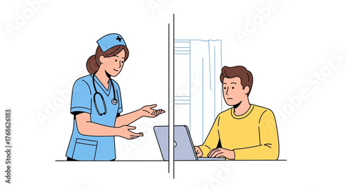 Caring nurse explaining diagnosis to worried patient using laptop for telehealth consultation, providing support and medical advice during online appointment