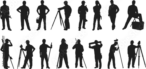 Construction workers, silhouettes, tools, survey equipment, teamwork, labor force, industrial site, infrastructure, engineering, fieldwork, safety gear, jobsite, urban development, manual labor,
