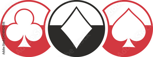 Poker casino logo, minimalist playing card suits emblem in red and black circles vector