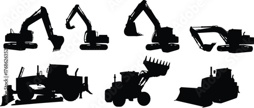 Construction equipment silhouettes, excavator, bulldozer, backhoe loader, heavy machinery, earthmoving tools, industrial vehicles, construction site, engineering, infrastructure, machinery