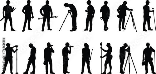 Surveying silhouettes, construction workers, tripod instruments, field engineers, measuring tools, infrastructure inspection, site analysis, technical crew, outdoor work, industrial scene