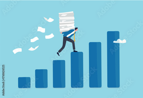 Effort or hard work to success, work burden or heavy pressure weight, challenge to climb career ladder, motivation or efficiency concept, businessman carry heavy document paper step on growth graph
