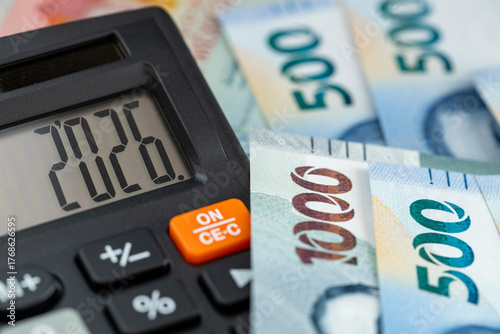 Mexico money. Finance 2026. Business and economic concept. Symbol of Mexican pesos. The year 2026 displayed on a calculator. Financial background. Close up