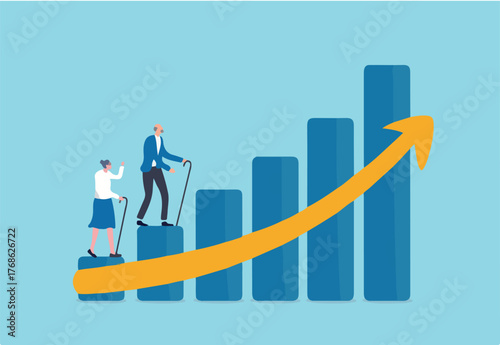 Aging society, world population aging problem, workforce crisis by low birth rate compare to senior elderly or retiree increase, elderly senior couple walk up rising, increasing graph of aged citizen
