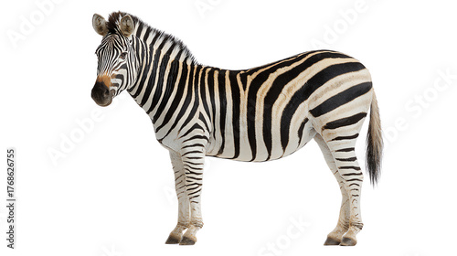 A graceful zebra standing elegantly, showcasing its iconic black and white stripes against a white isolated background.