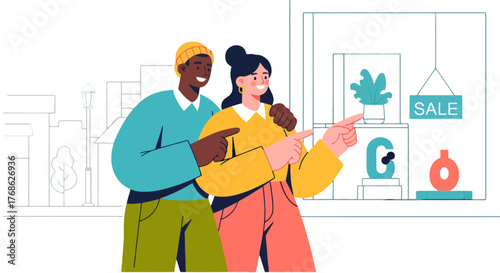 Excited Couple Discovering Promotions Inside A Shop Window Display During City Sales