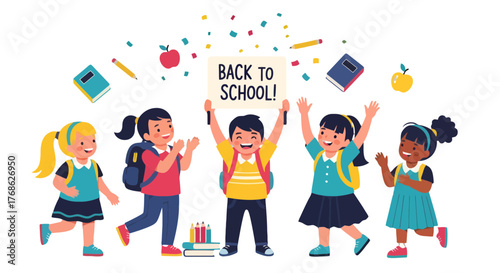 Excited Students Celebrating Return to School With Colorful Graphics and Joyous Expressions