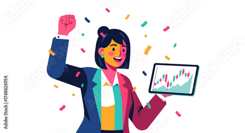 Excited Businesswoman Celebrating Success After Analyzing Tablet Charts With Confetti