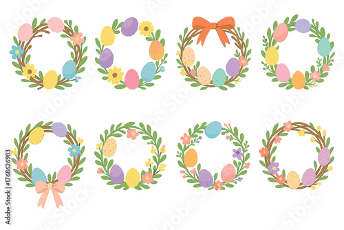 Eight decorative easter egg and floral wreaths with pastel colors, featuring bows, leaves, and flowers, arranged in a grid pattern.