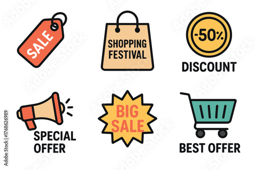 Set of colorful sale icons featuring a sale tag, shopping bag, discount badge, megaphone, big sale burst, and shopping cart with best offer text.