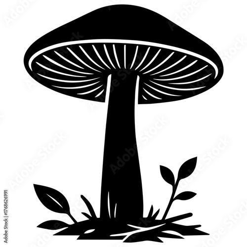 Minimalist black silhouette of a forest mushroom with visible gills and a tall stem, growing among leaves on a clean white background—perfect for logos, decals, and nature-themed design.