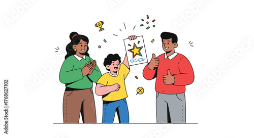 Family Celebrates Child's Achievement Cartoon Illustration Against Black Background