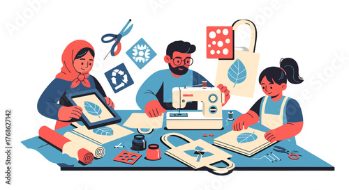 Family Creatively Designing With Recycled Materials In An Eco-Friendly Initiative